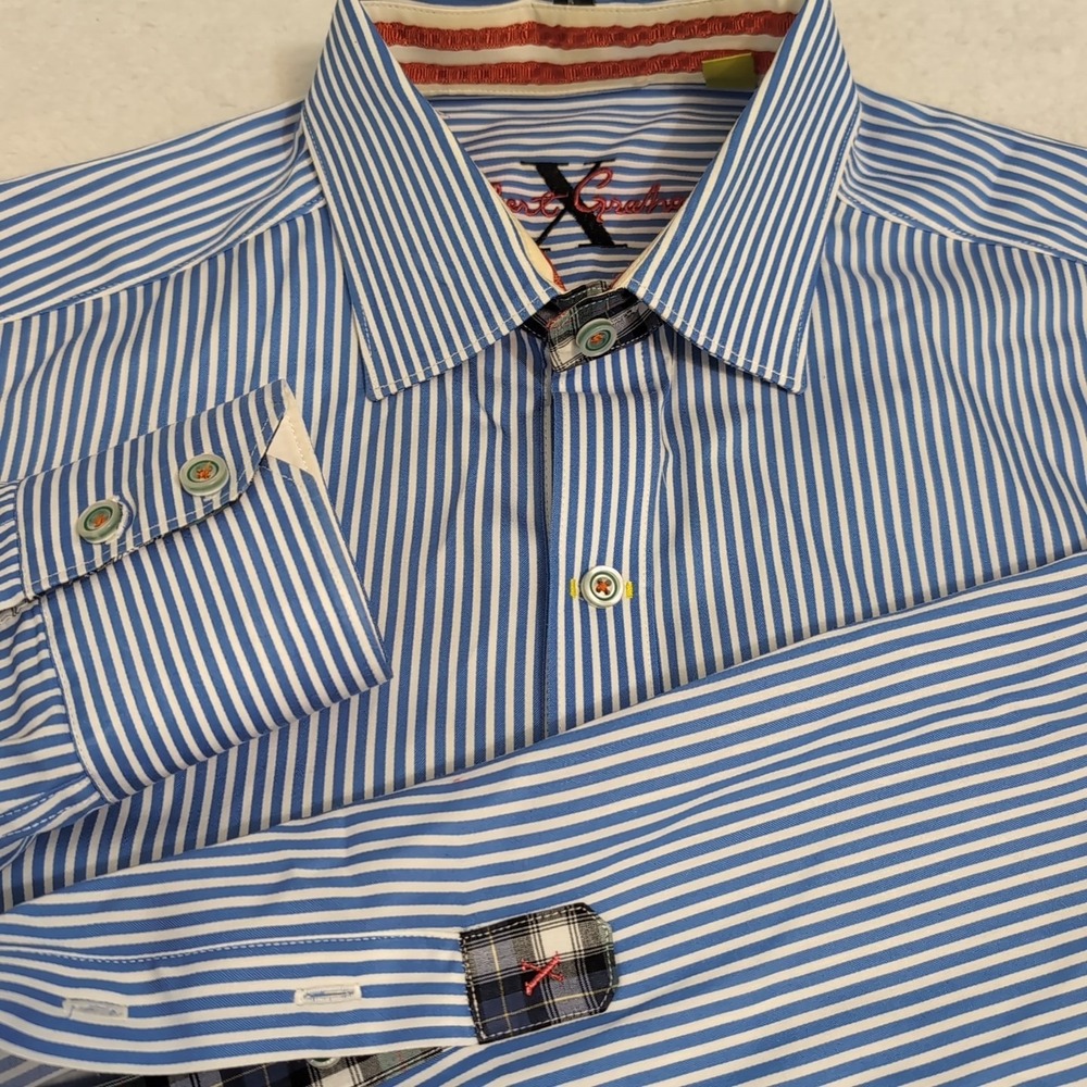 Robert Graham Mens M Blue Color Striped Dress Shirt Logos Flip Cuff Collar